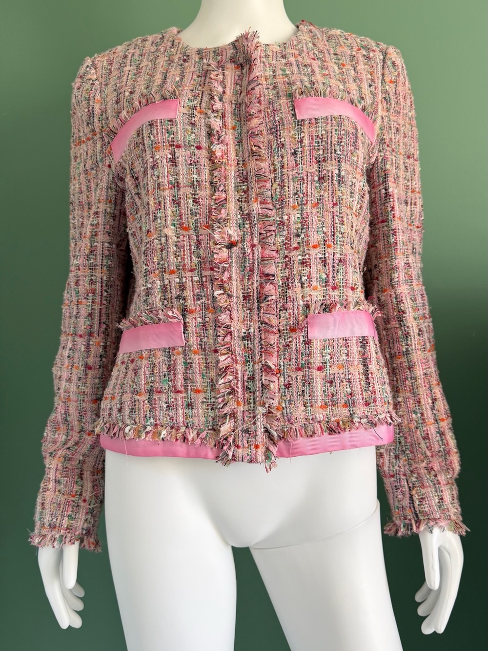 Ecru Womens Pink Tweed Fringed Jacket